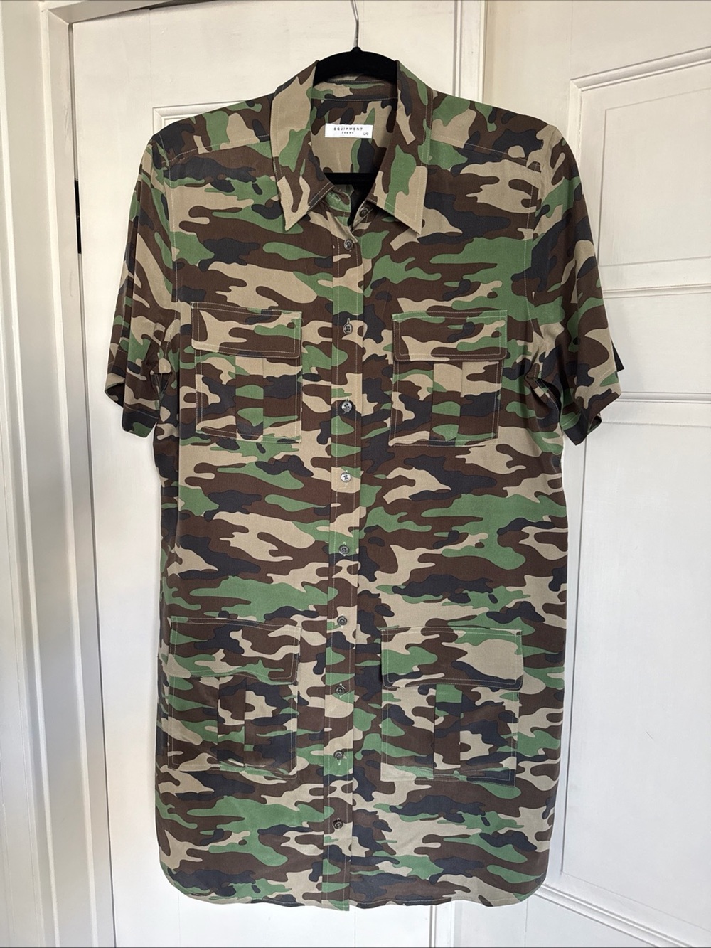 Equipment Silk Mini Dress in Green and Brown Camo Size Large
